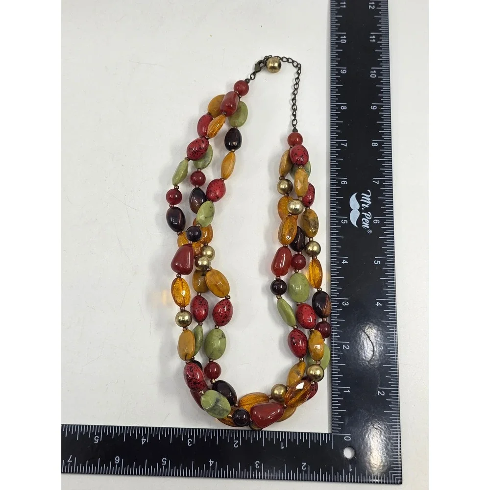 Multilayer Bead Necklace and Earring Set Earth Tones Green Orange Gold Tone